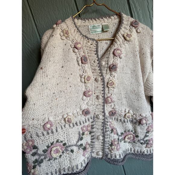 Vintage 80s Floral Embellishment Hand Knit Cardigan, Large - Picture 2 of 6